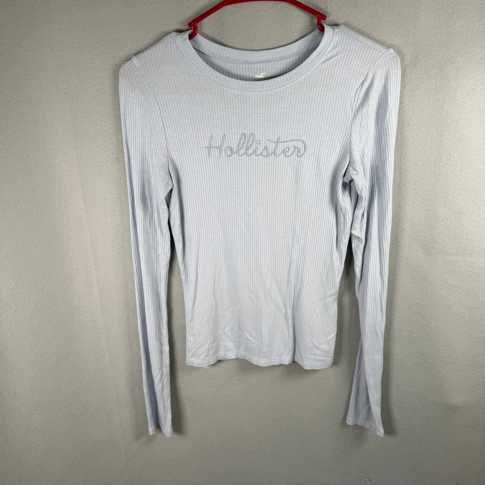 Hollister Classic T-Shirt Women Small Slim Light Blue Ribbed Logo Rib Knit EUC